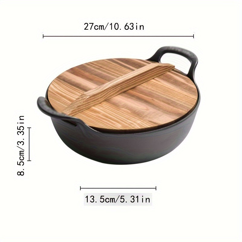 Cast Iron Skillet with Wooden Lid for Frying Sautéing and Stewing 10-Inch