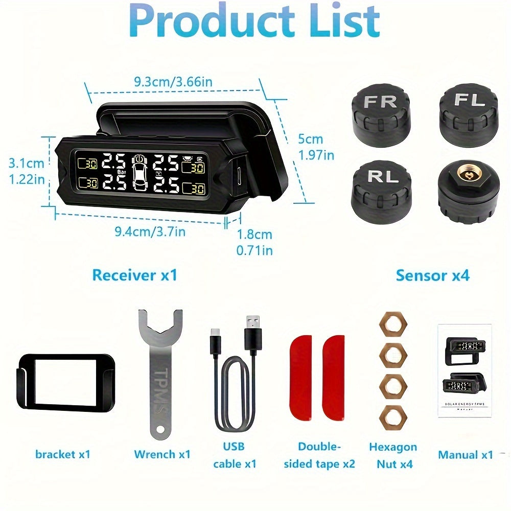 Wireless External Tire Pressure Monitoring System with Solar Bracket for Vehicles