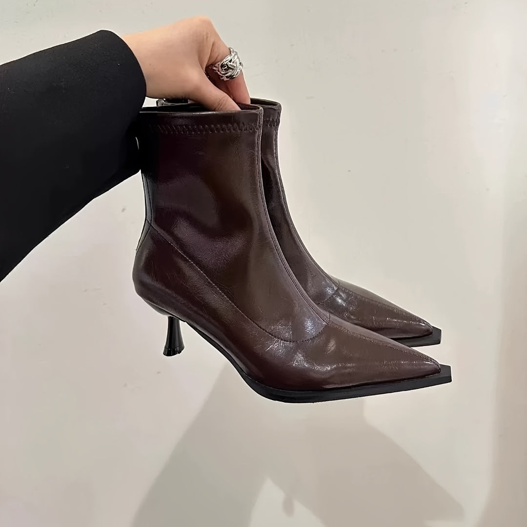 Women's Brown Faux Leather Pointed Toe Stiletto Boots for Winter and Formal Wear