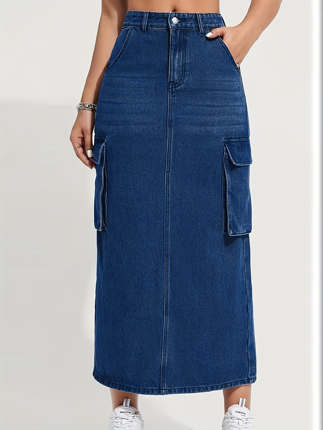 Ayollar uchun yuvilgan denim midi yubka, cho’ntaklar bilan, yuqori bel, kundalik cargo