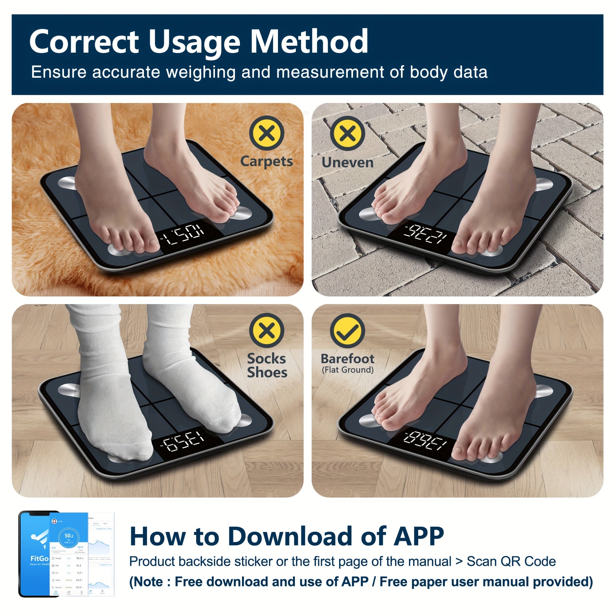 Body Fat Scale with App BMI Water BMR Max 180kg/400lb Battery Not Included
