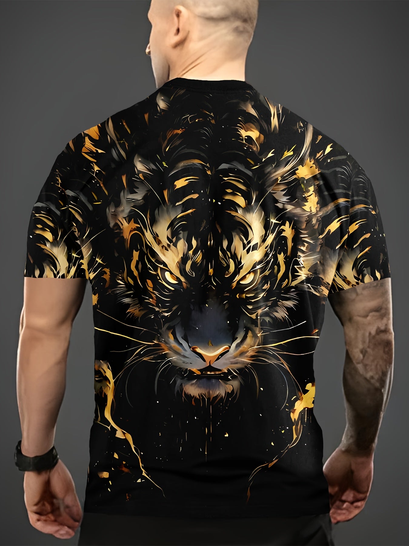 Camiseta casual para hombre con estampado de tigre de aceite negro y dorado, punto de poliéster, manga corta, verano