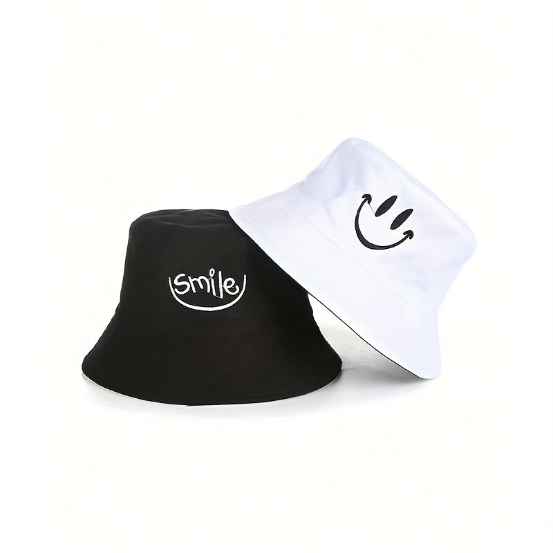 Reversible Bucket Hat for Women and Men with Smiling Embroidery Sun Protection Polyester