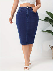 Plus Size Blue High Rise Denim Skirt with Slash Pockets for Women