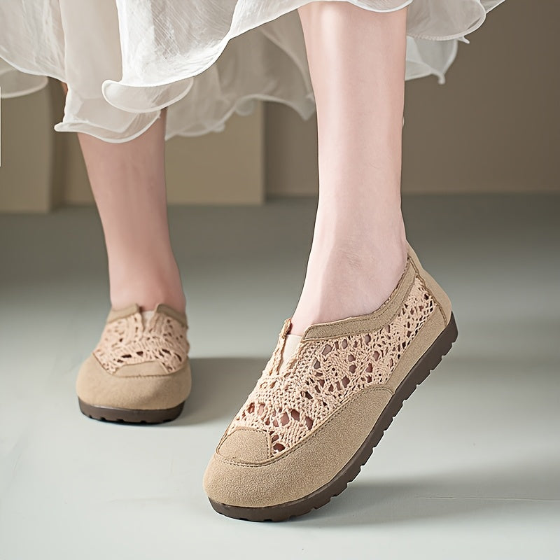 Women's Summer Breathable Lace-Trim Shoes Flat Casual Light Beige
