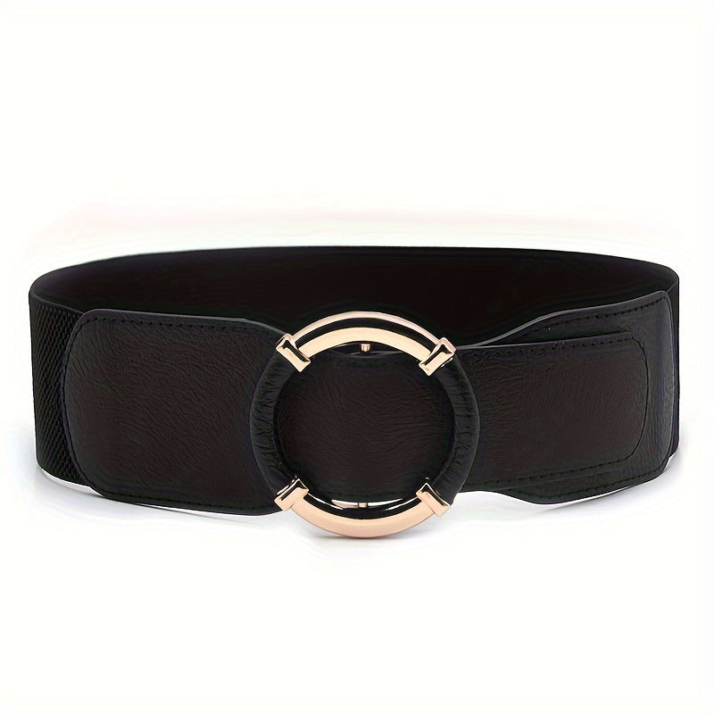 Women's Casual Elastic Waist Dress Coat with Wide Belt and Round Buckle in Solid Color