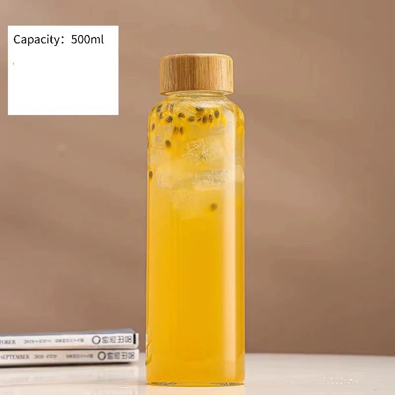 Botella de vidrio de borosilicato con tapas de acero inoxidable y bambú, recipiente de viaje a prueba de fugas