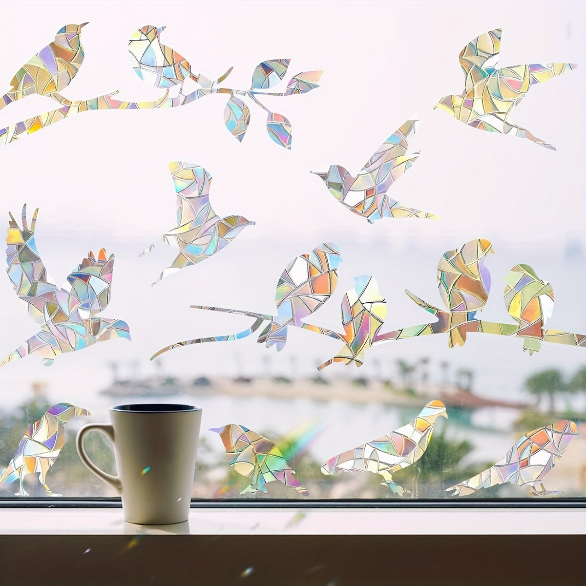 Set of 2 Rainbow Hummingbird Window Clings Decorative Bird Collision Stickers