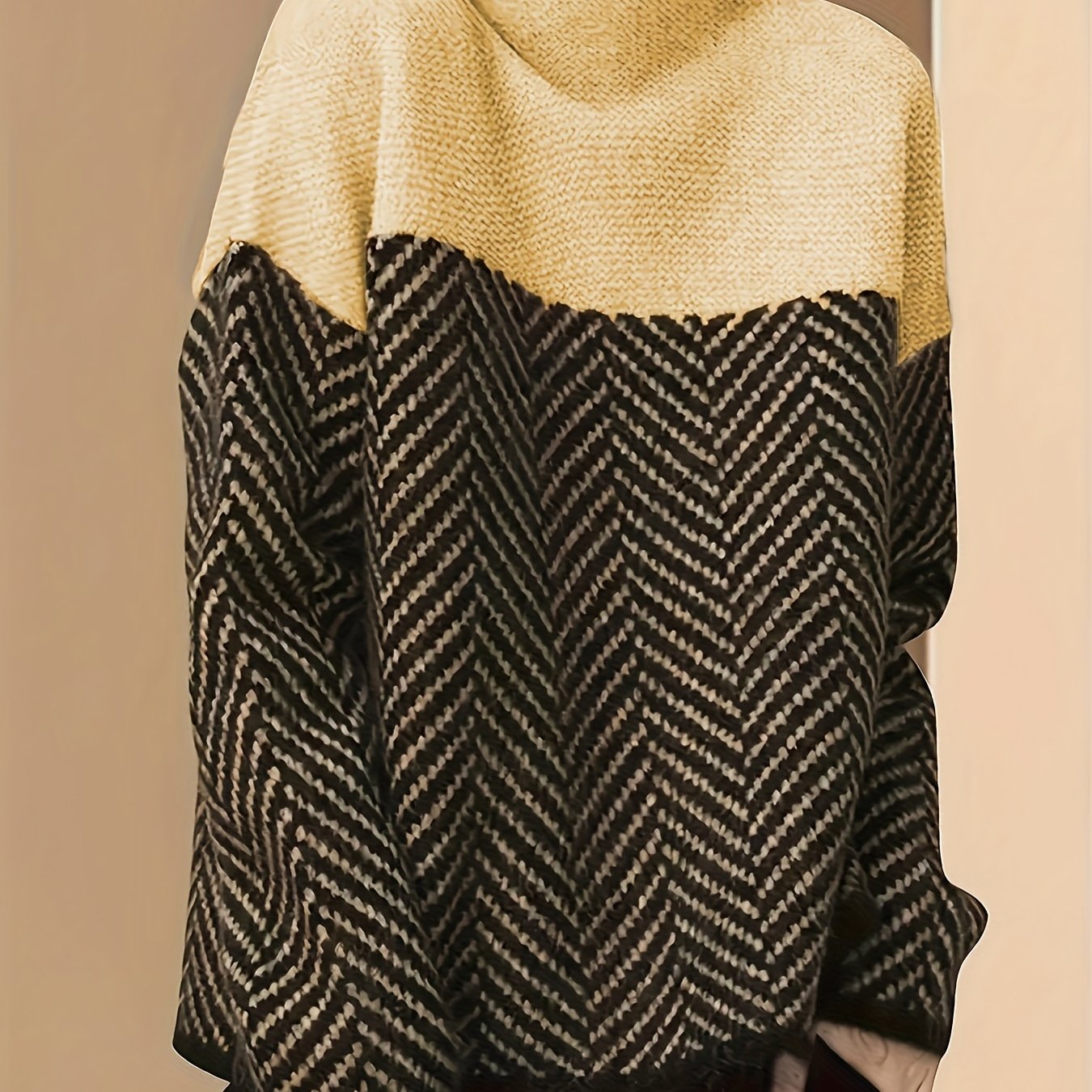 Plus Size Women's Color Block Sweater High Neck Long Sleeve Fall Winter Knit