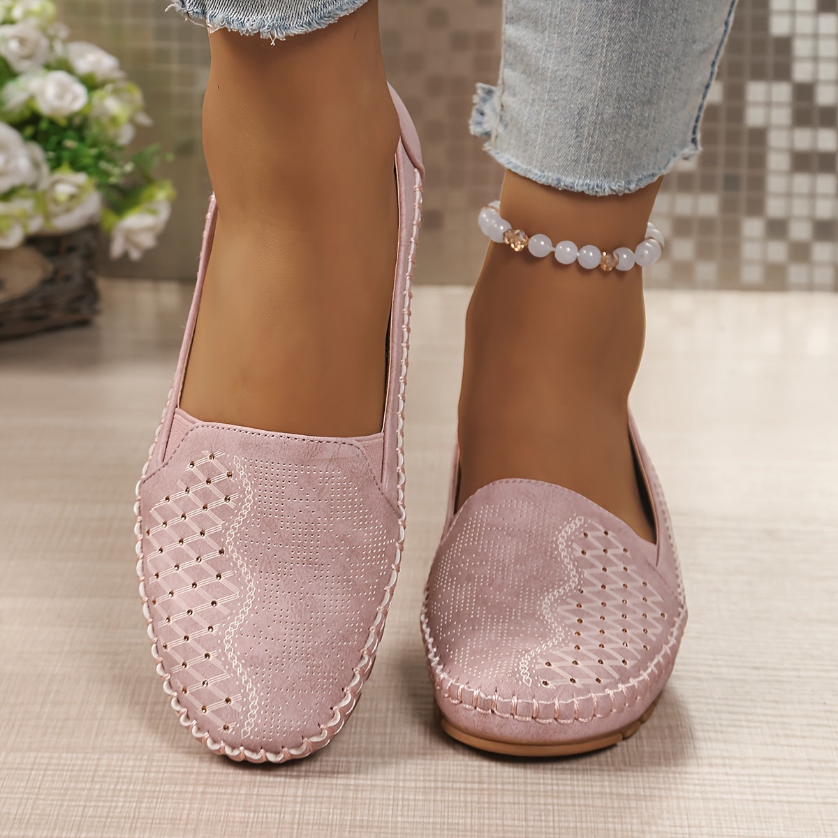 Women's Faux Cover Slip-On Flat Shoes with Embroidery All-Season Casual