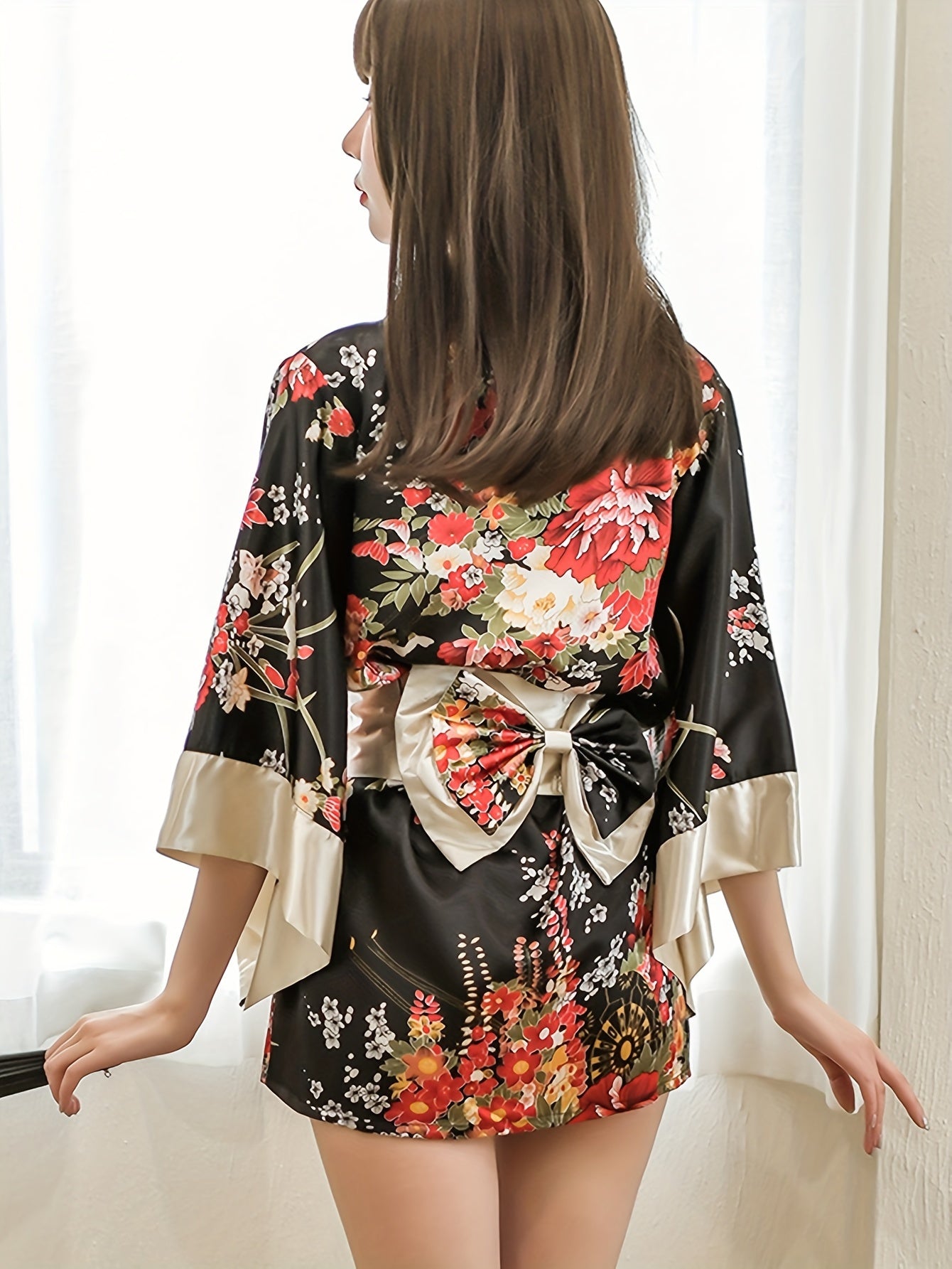 Kimono de satén floral para mujer para lencería y juegos de roles