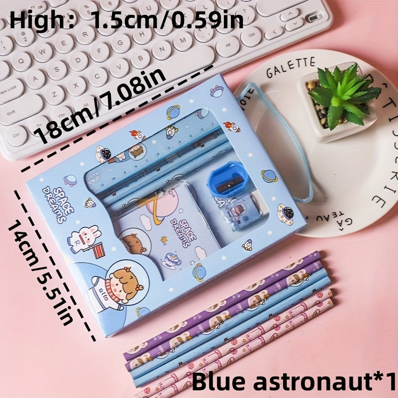 Cartoon Handheld Stationery Set for Students with 2 Pencils Ruler Eraser Notebook in 4 Colors
