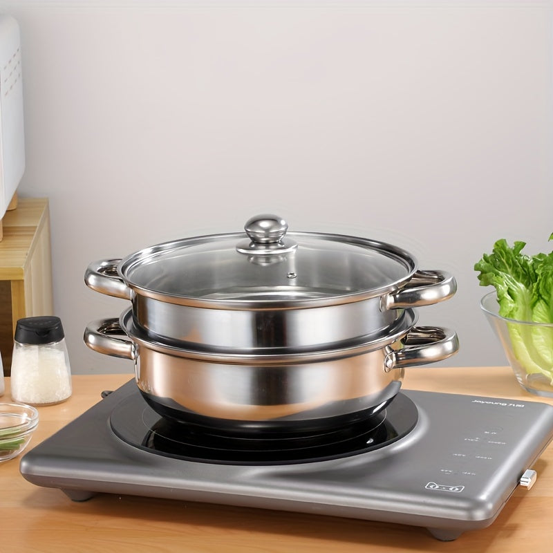 Stainless Steel Double-Layer Steamer Pot with Transparent Lid and Composite Bottom