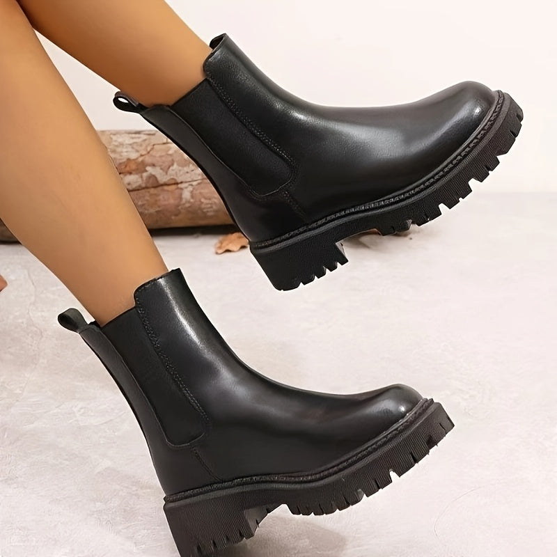 Ayollar uchun qalin platformali tizza yuqori botinkalar, sun'iy material, osongina kiyinadigan, dumaloq burchak, bardoshli, past heels