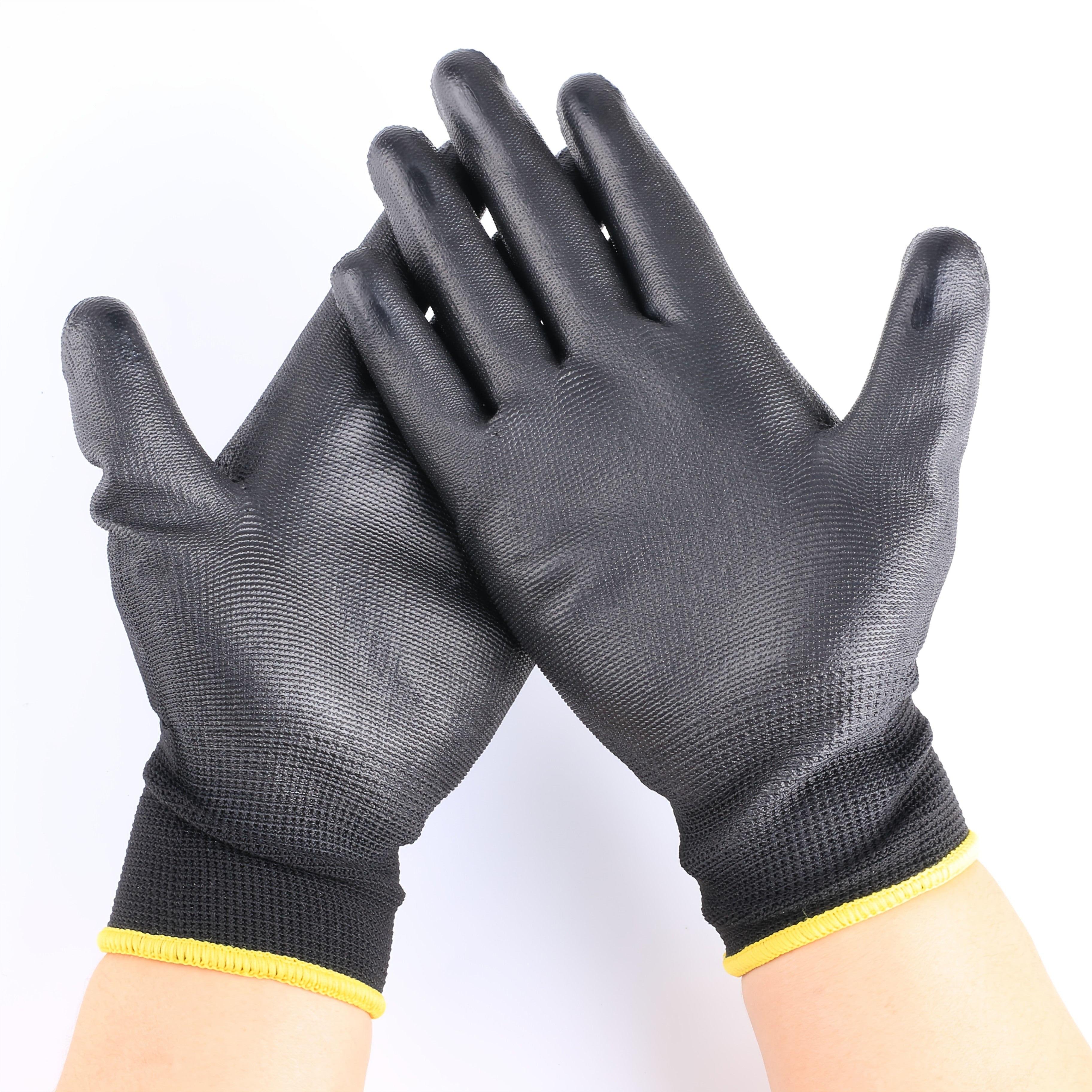 8 Durable Black Work Gloves with Non-Slip Tear-Resistant PU Coated Palm for Gardening Construction and Woodworking