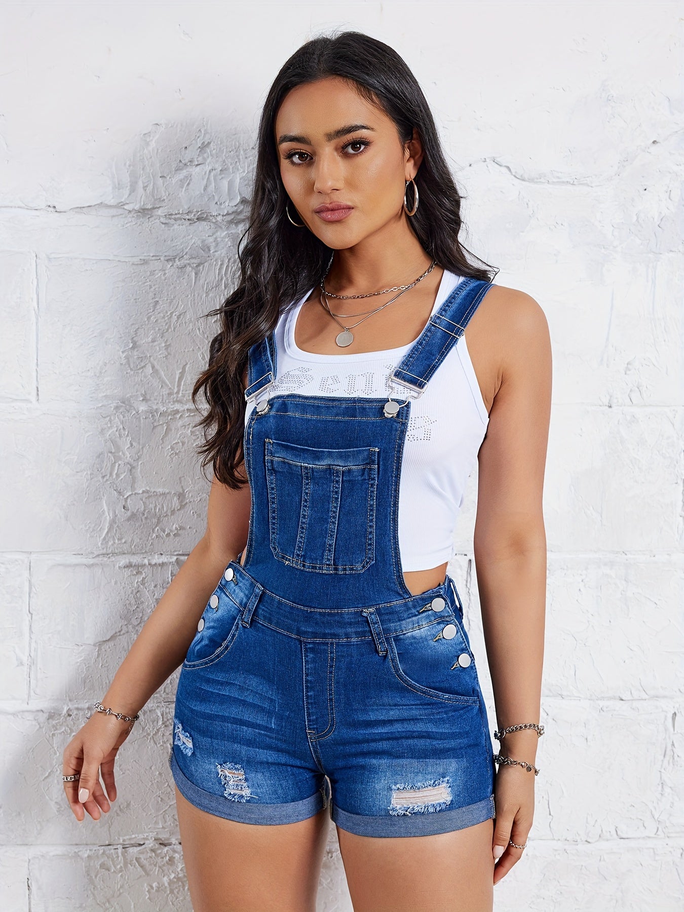 Women Plus Size Denim Ripped Shorts With Elastic Waistband