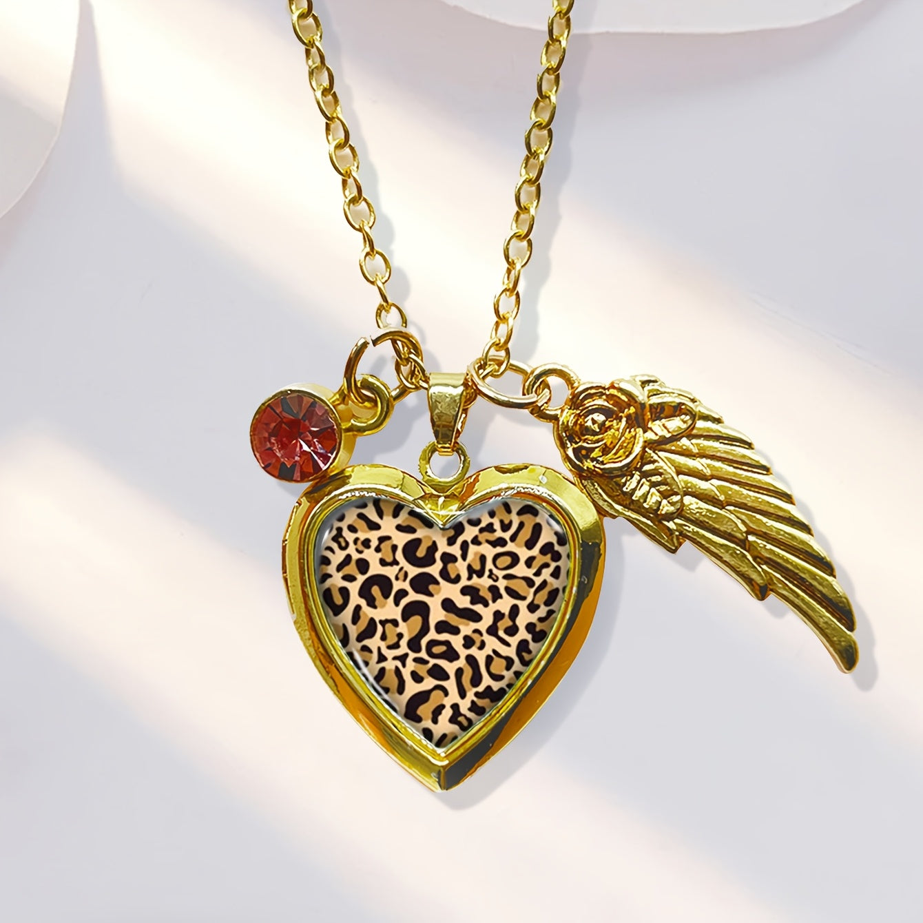Heart-Shaped Photo Locket Necklace with Leopard Print December Birthstone Rhinestones Copper Gold