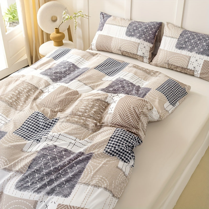 Full Size Cozy Duvet Cover Set with Patchwork Design and Zipper Closure Includes 1 Duvet Cover and 2 Pillowcases