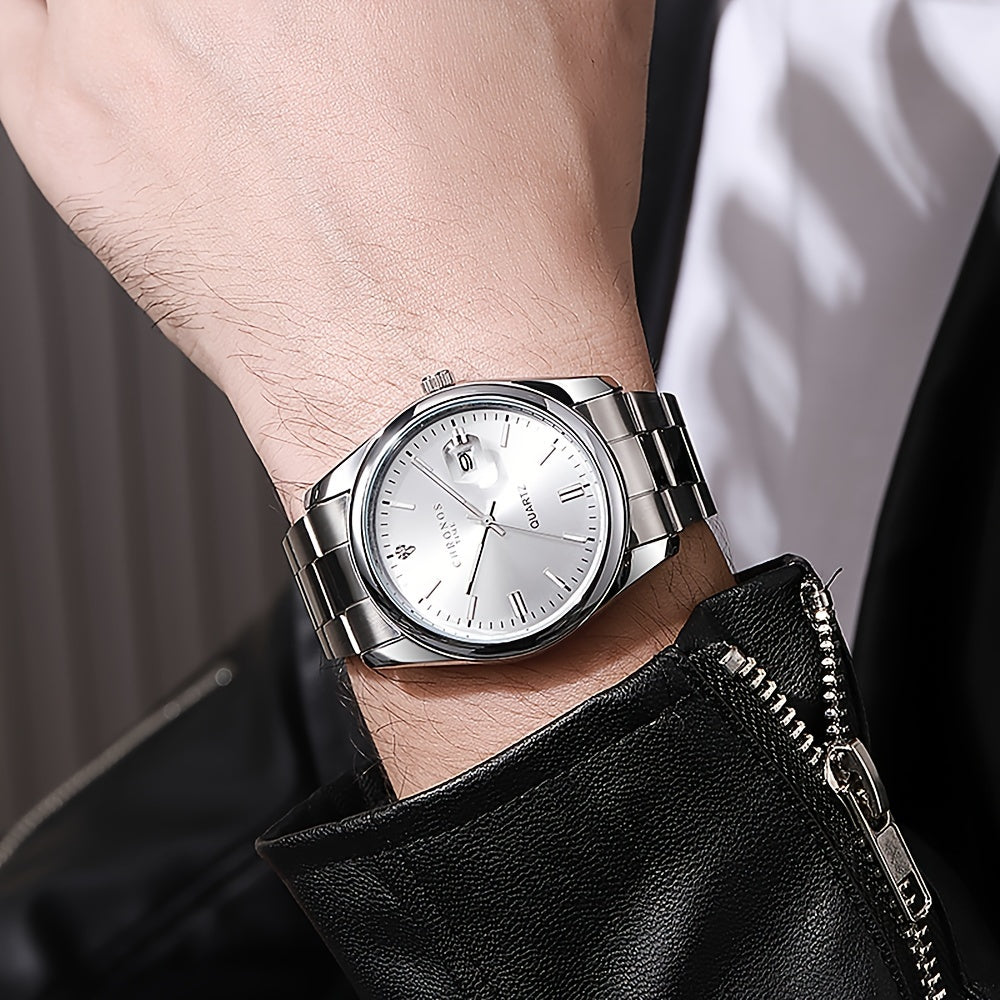 Men's Stainless Steel Watch with Luminous Dial and Calendar