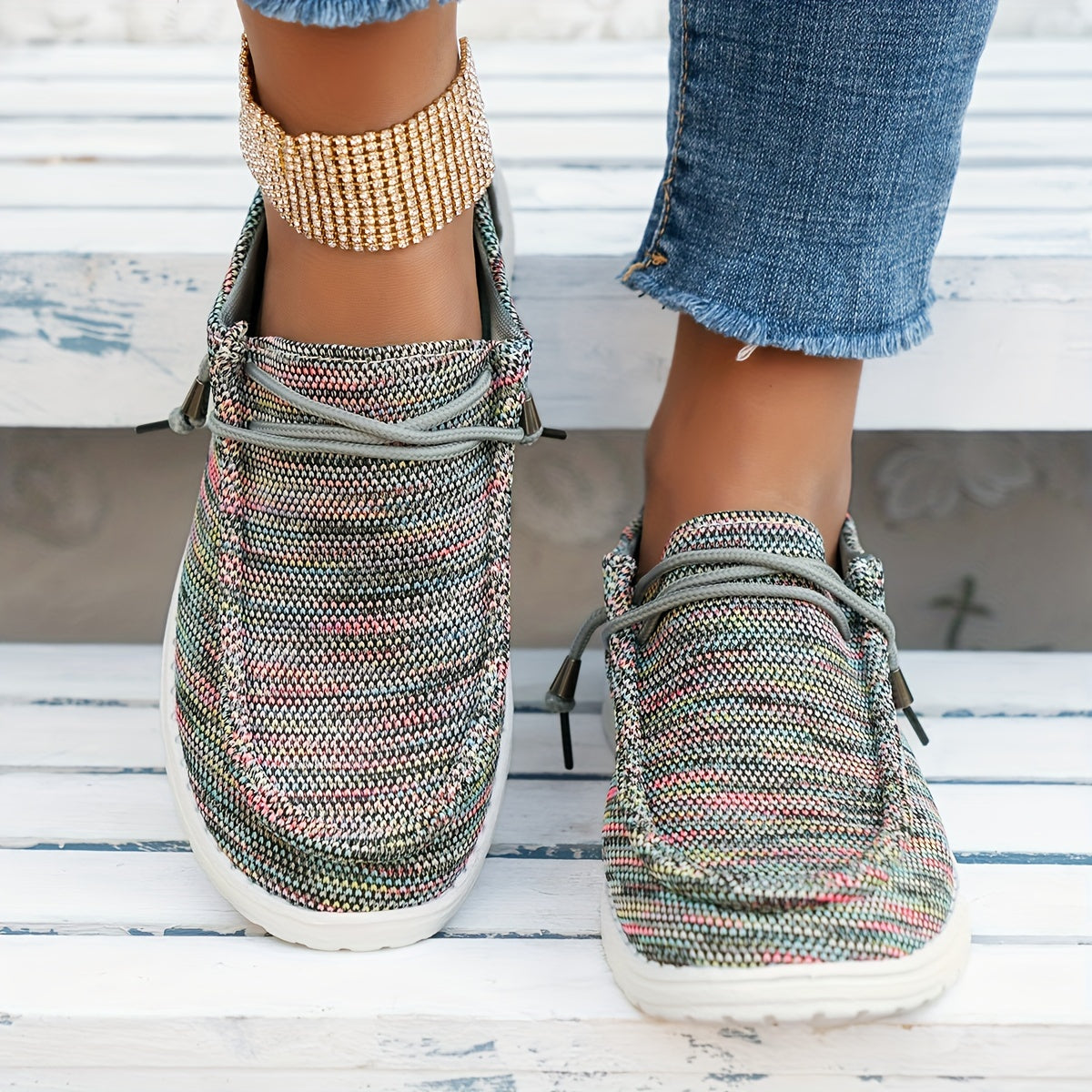 Women's Knit Slip-On Shoes with Round Toe Breathable Anti-Slip Flat Sole