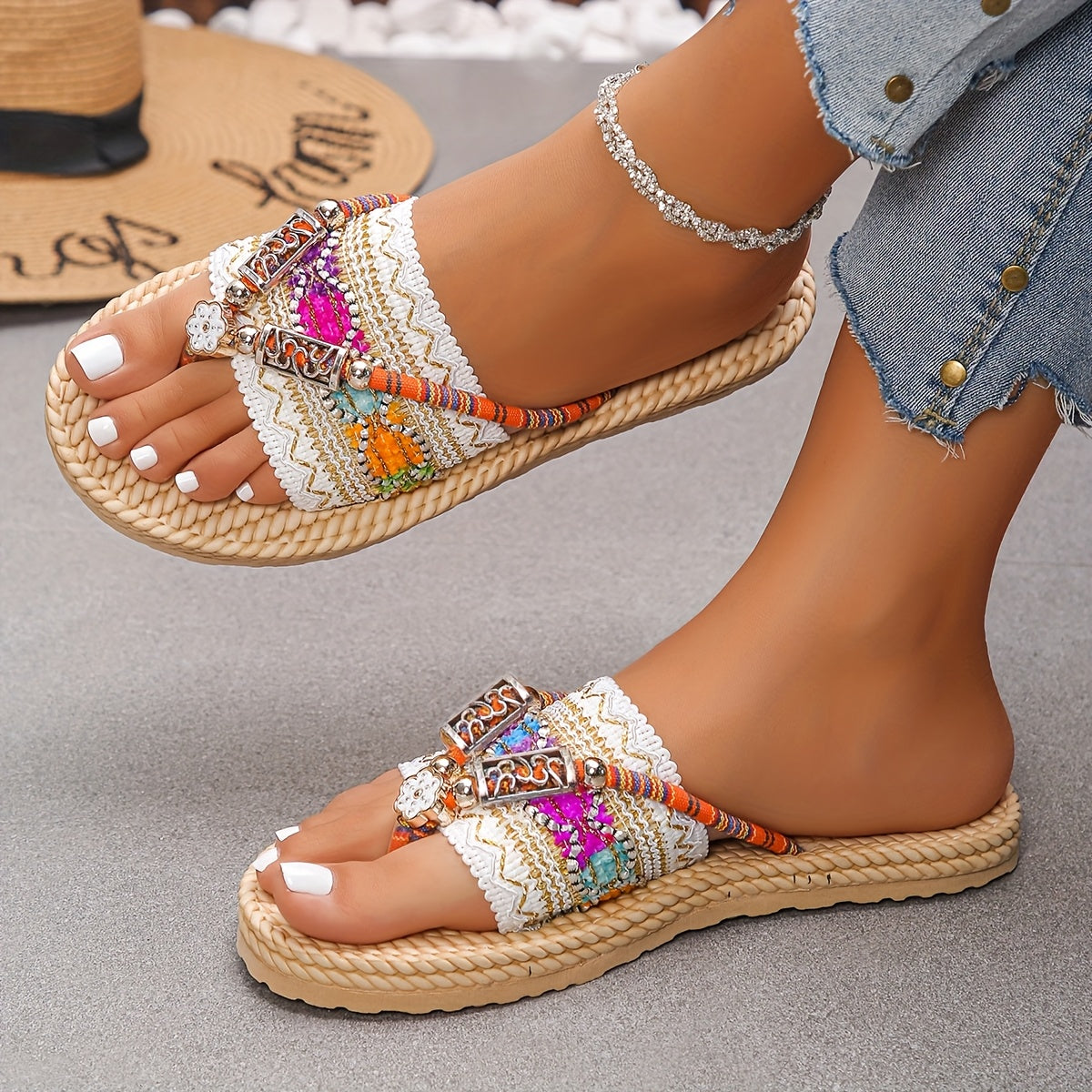 Women's Ethnic Style Flat Sandals with Colorful Patterns Open Toe Slip-On