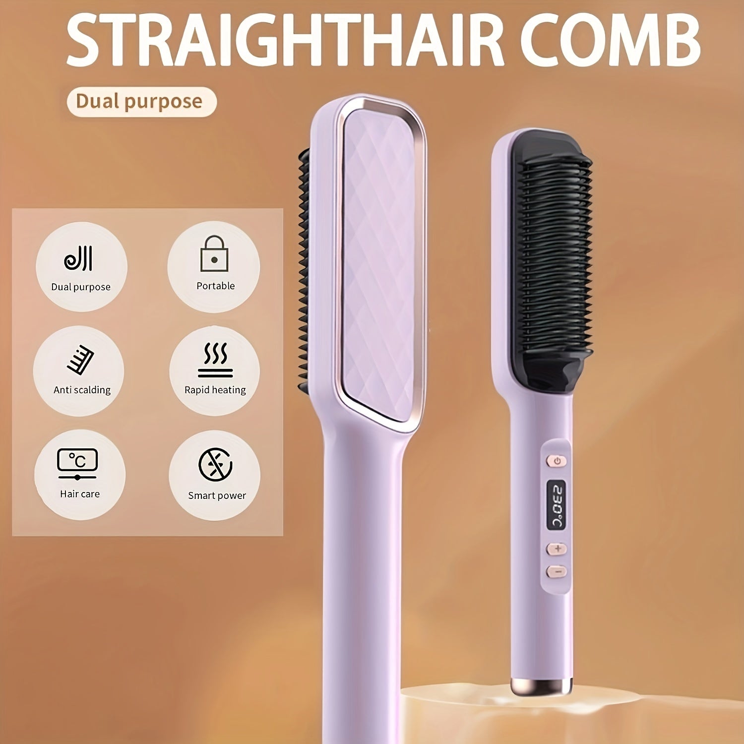 2-in-1 Ceramic Hair Straightener Brush with LCD Display European Plug for Styling