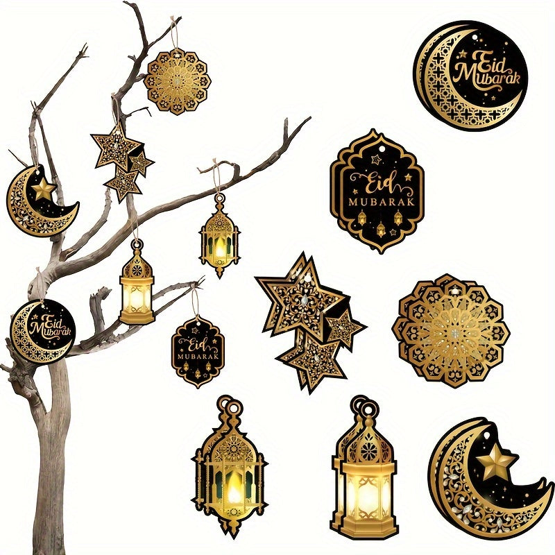 14/10pcs Eid Mubarak Paper Hanging Ornaments with 5m Hemp Rope for Ramadan Party Decorations