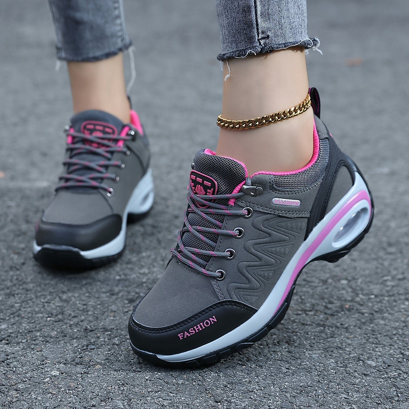 Women's Air Cushion Hiking Sneakers Black Pink Low-Top All-Season Trail Running Shoes