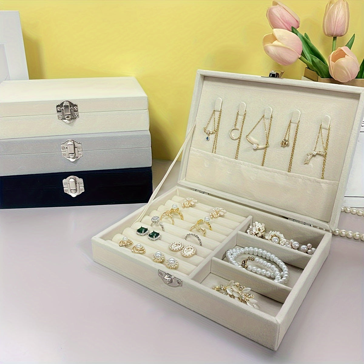 Velvet Jewelry Organizer Box with Flip Cover for Rings Necklaces and Accessories