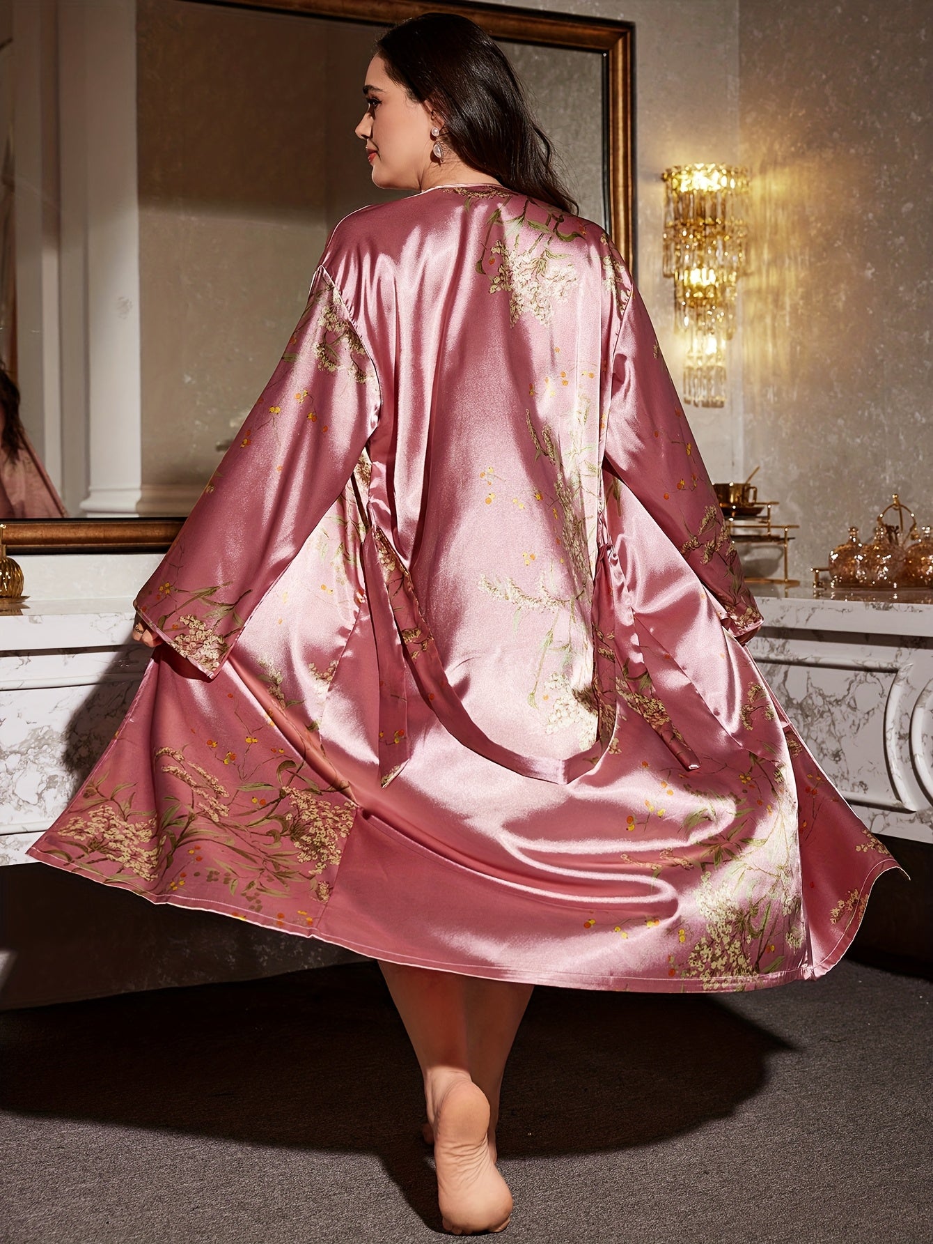 Plus Size Women Faux Silky Cherry Print Sleep Robe Set