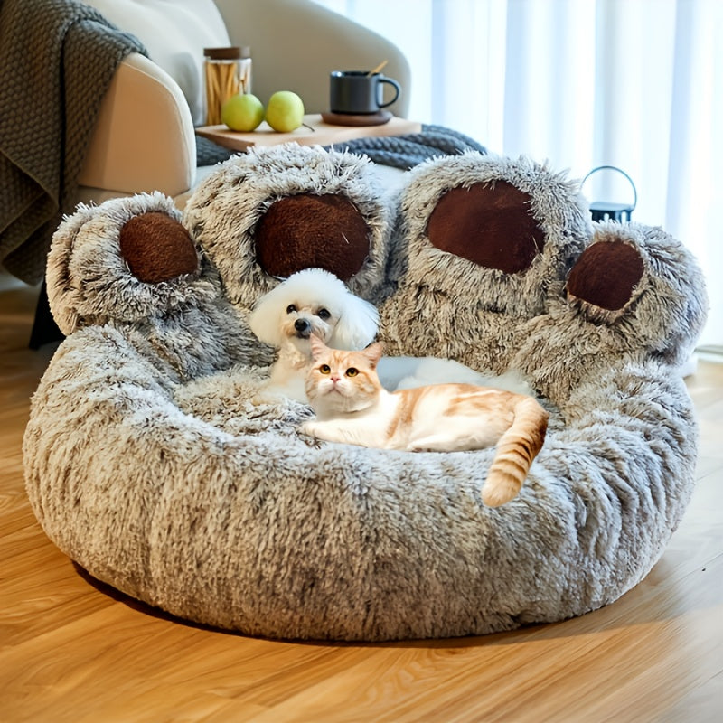 Pet Paw-Shaped Round Dog and Cat Bed Gray Faux Fur Non-Slip Small Medium