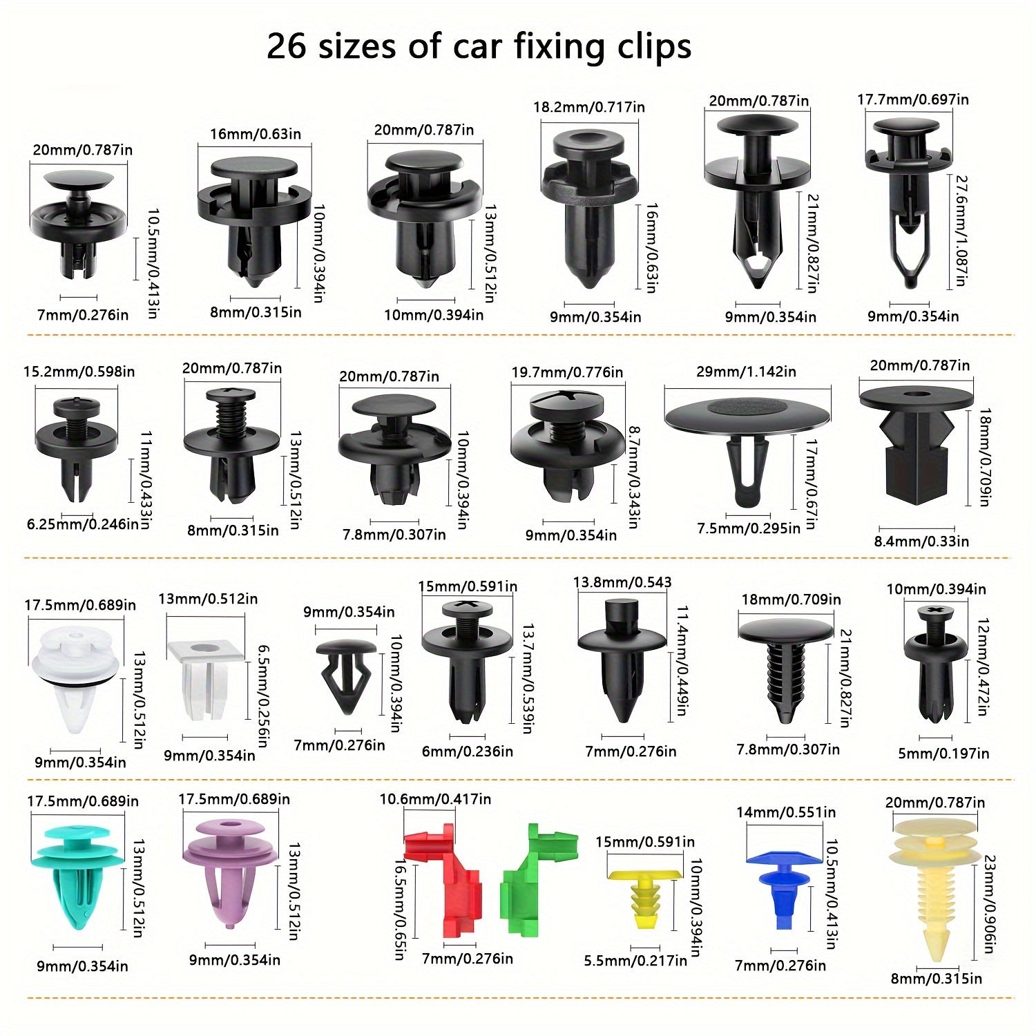 Automotive Nylon Push Clips and Fasteners Kit, 26 Sizes, Mudguard Rivets