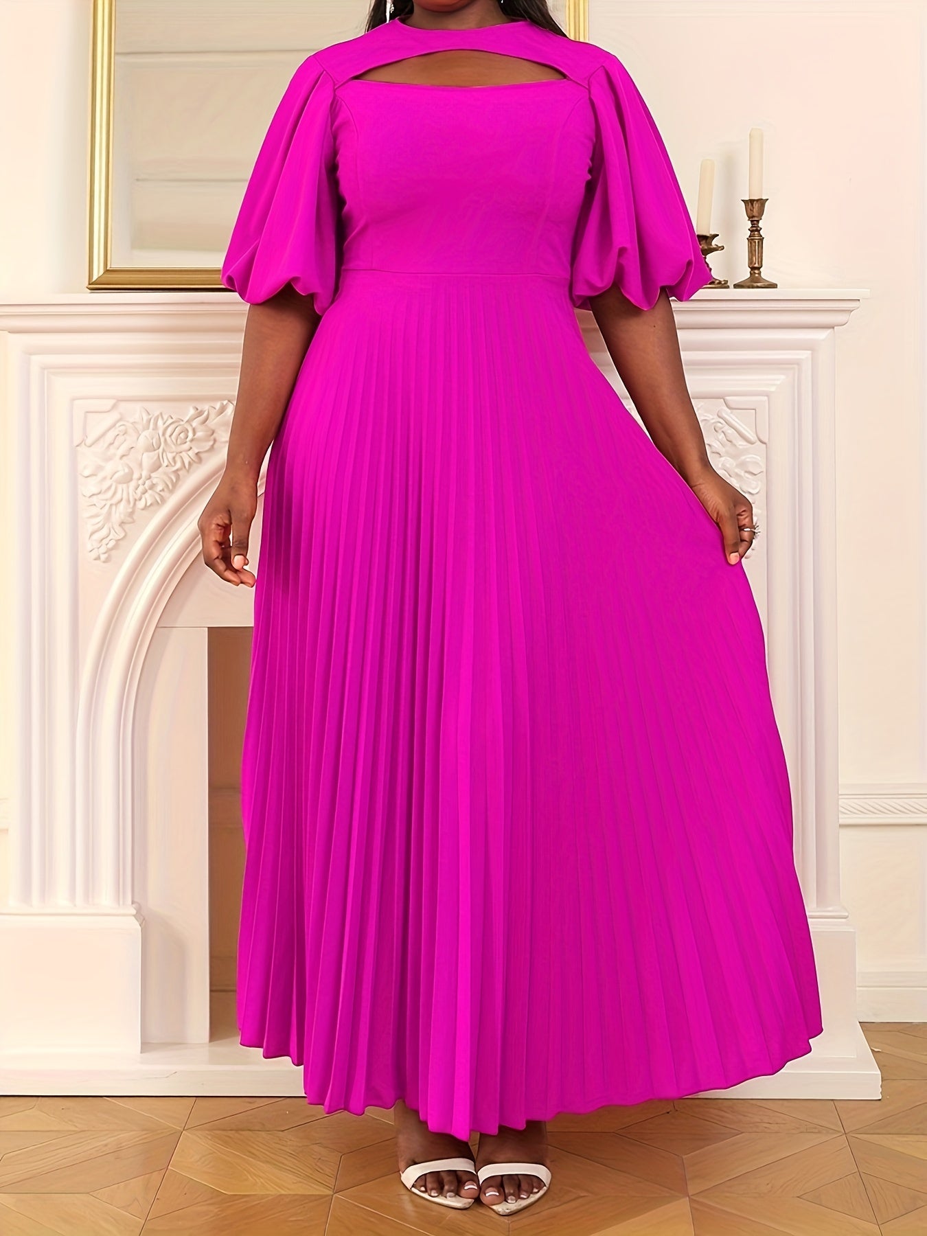 Women's Purple Party Dress with Lantern Sleeves and Pleated Hem