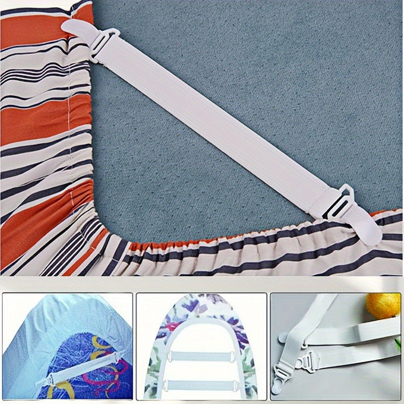 Set of 4 White Elastic Sheet Straps with Clips for Bedding and Mattress Securement
