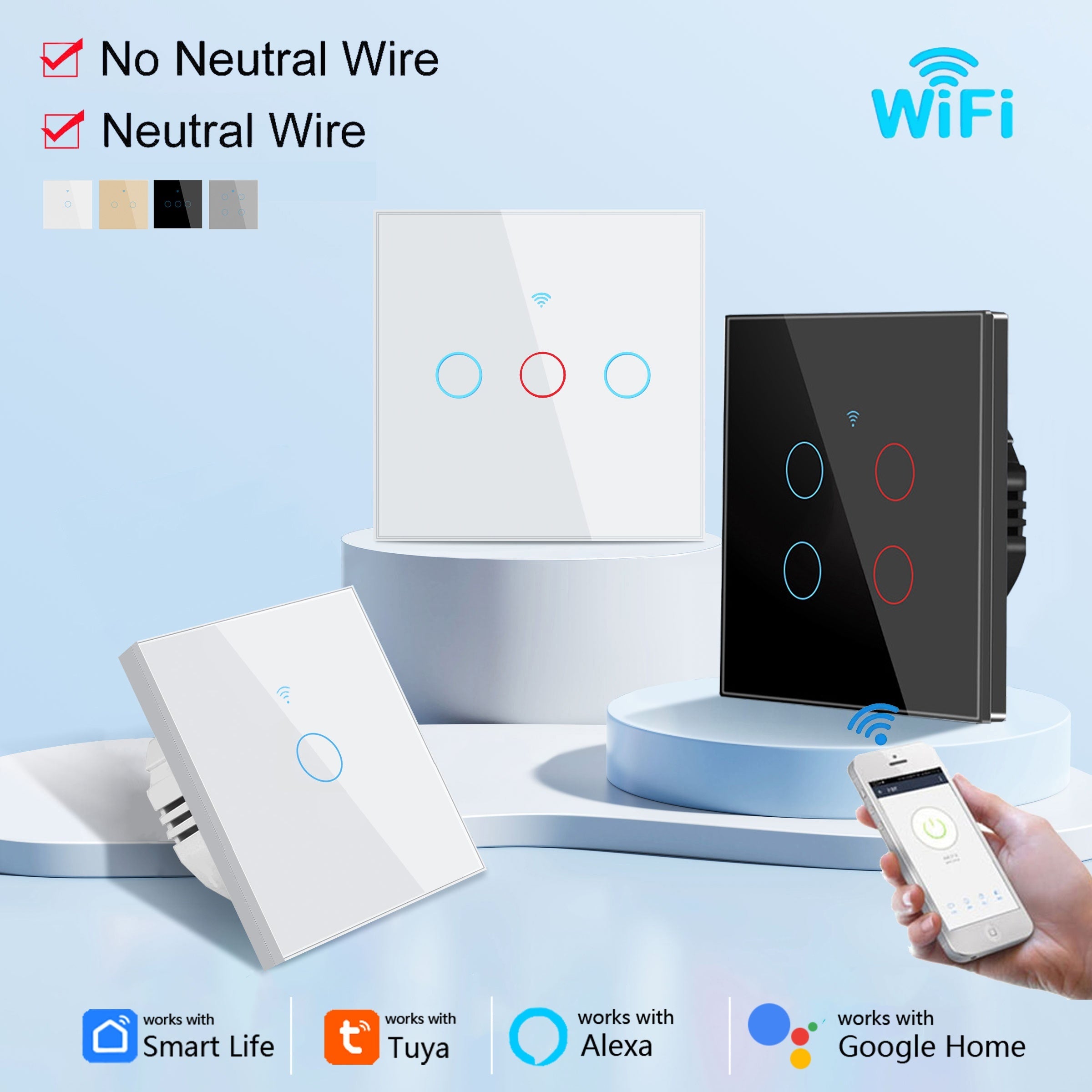 Smart Touch Wall Switch WiFi App Control Tempered Glass 86mm Single or Zero Wire Replacement in White or Golden