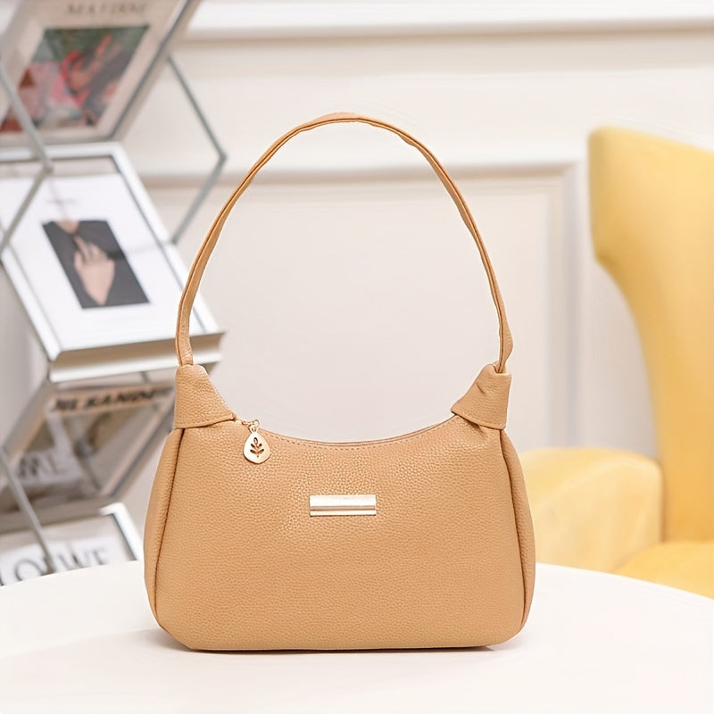Women's Beige PU Shoulder Bag with Zipper Closure for Daily Use