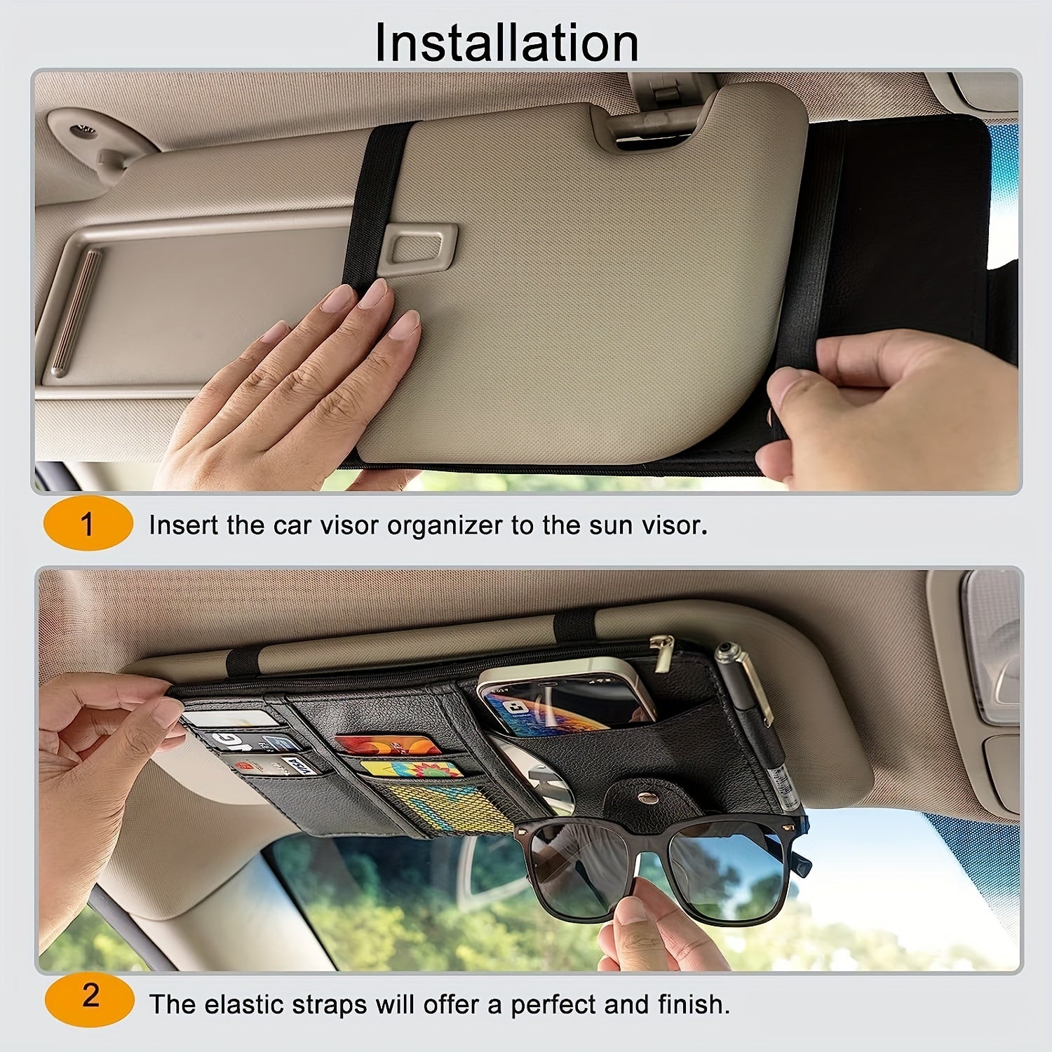Car Sun Visor Organizer with Multiple Pockets and Card Holders in PU Leather