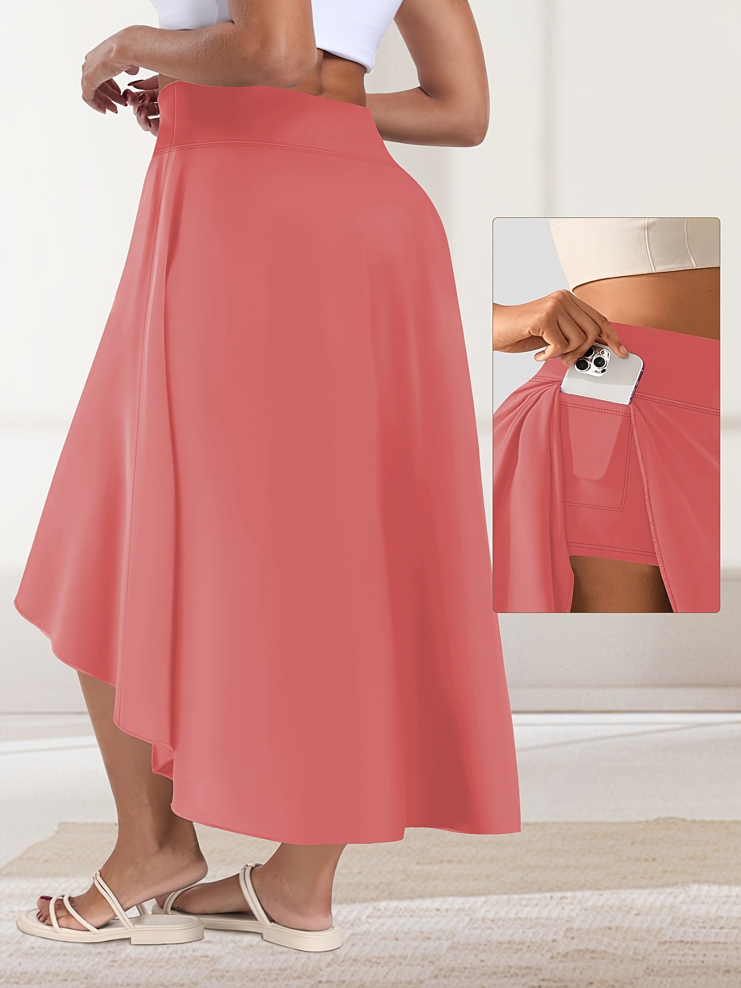 Plus Size Women's Midi Skirt Quick-Dry Satin Side Pockets Slit