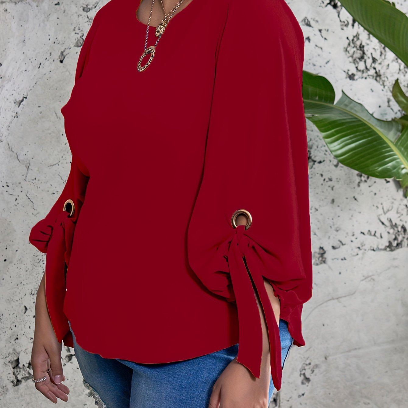 Plus Size Women's Casual Top with Solid Colors Lantern Sleeves Round Neck