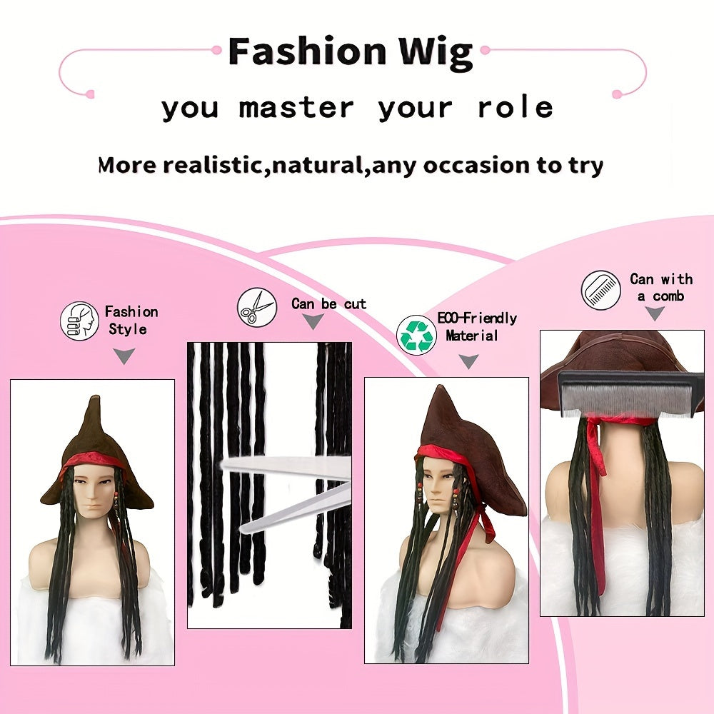 Pirate Dreadlocks Wig with Hat Black Long Beaded Dreads for Cosplay Party