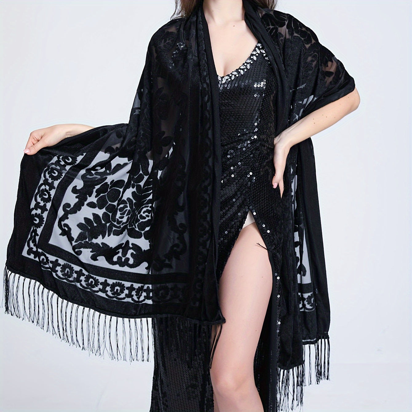 Black Floral Lace Shawl with Tassels and Rose Pattern for Evening Events