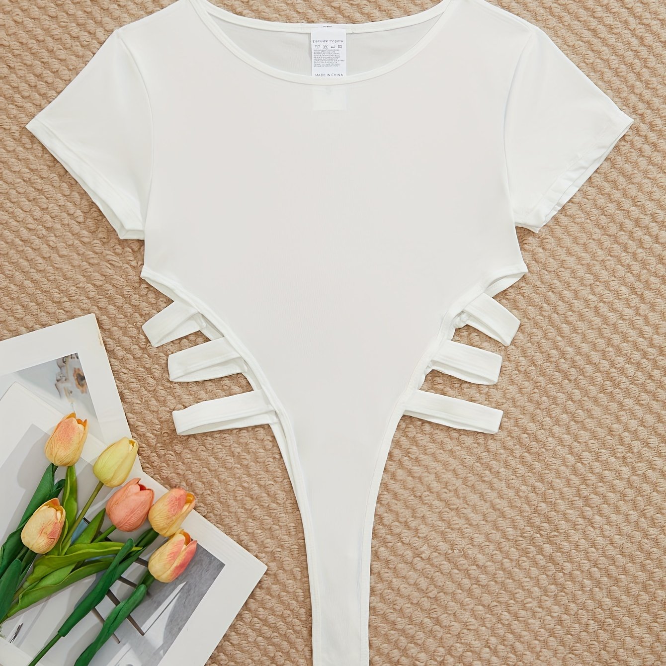 Women's Semi-Sheer Lace Lingerie with Short Sleeves and Side Straps