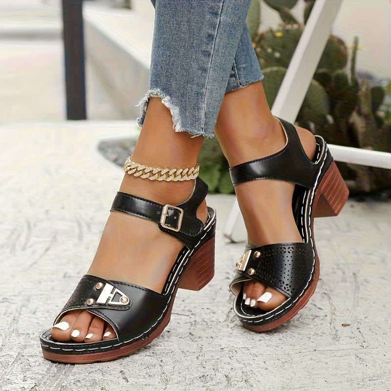 Women Light Blue Open Toe Block Heel Shoes with Gold Buckle