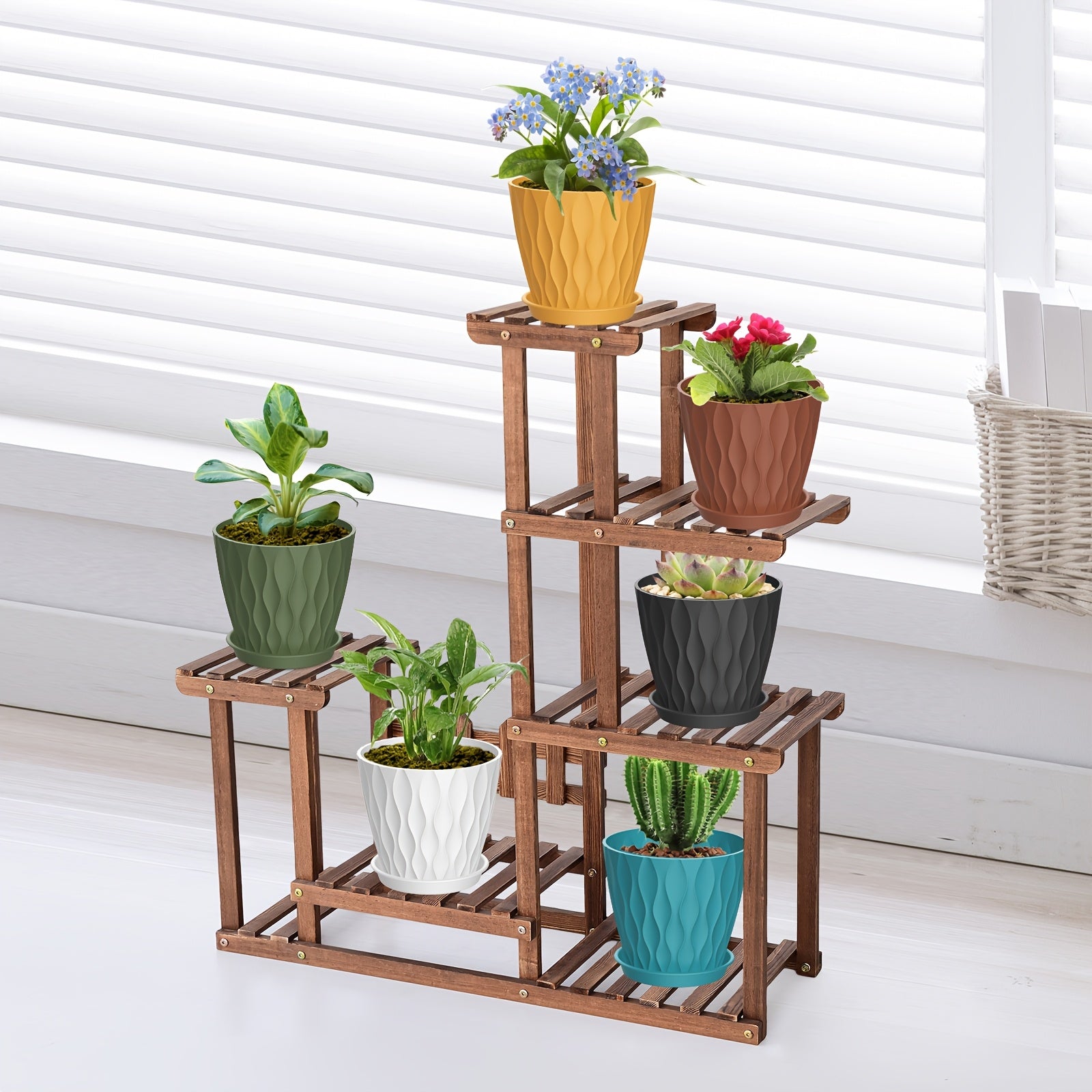 5-Piece Set of 10.16cm Bohemian Striped Plastic Plant Pots with Drainage Holes for Indoor Outdoor Succulents Aloe Snake Plants