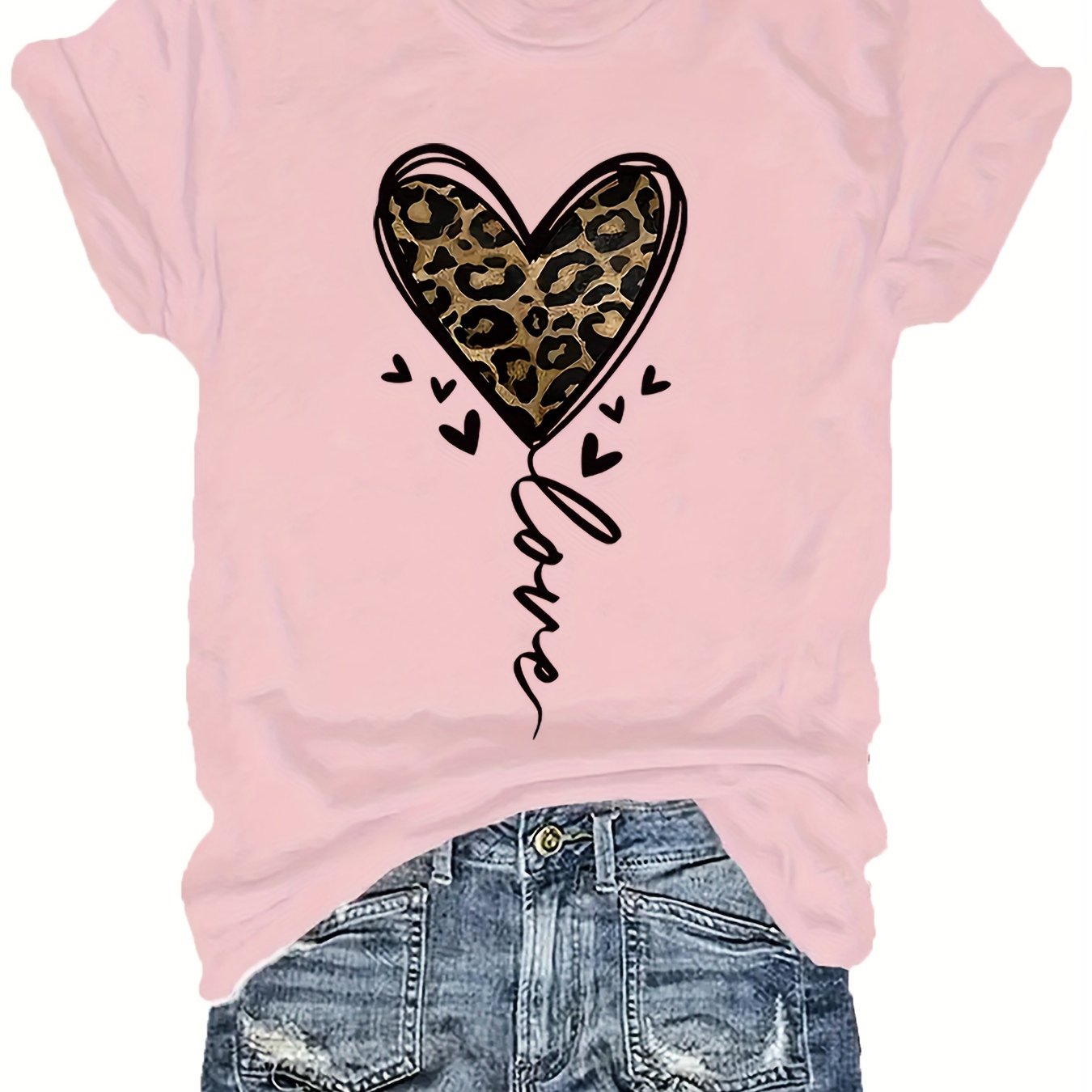 Plus Size Leopard Heart Print T-Shirt Casual Short Sleeve Top for Women