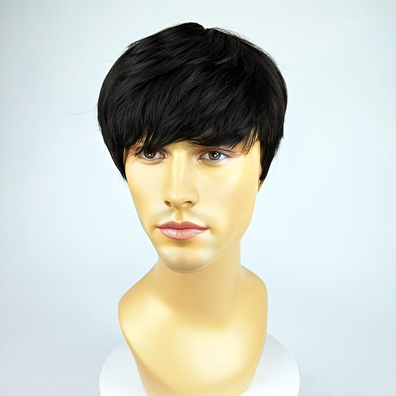 Men's Black Fluffy Wig with Side-Swept Bangs for Cosplay and Daily Wear