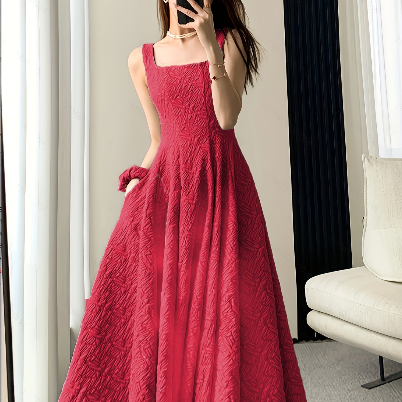 Adult Jacquard Square Neck Flared Dress Solid Polyester Spring Summer