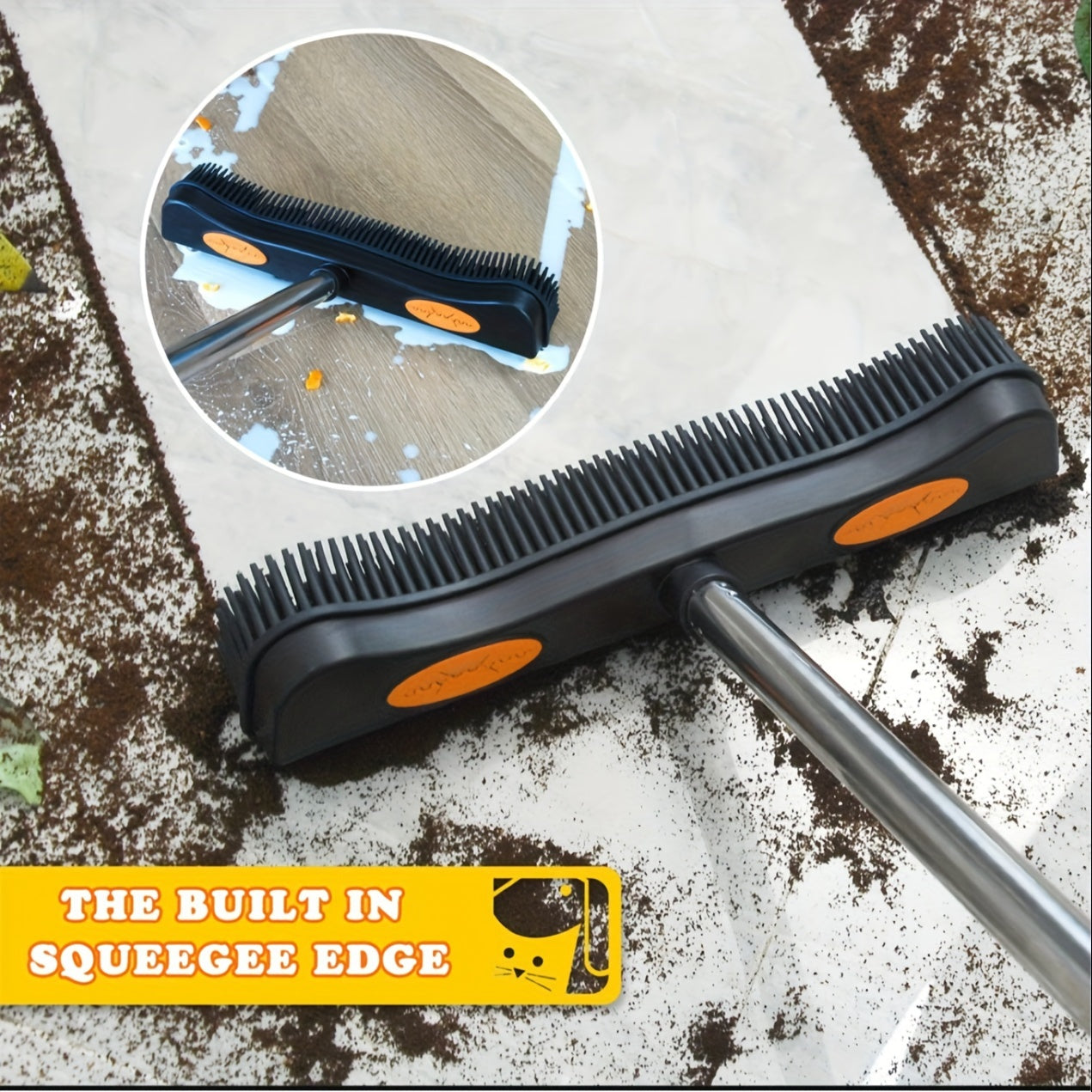 2-in-1 Pet Hair Remover Broom and Carpet Rake with Rubber Bristles