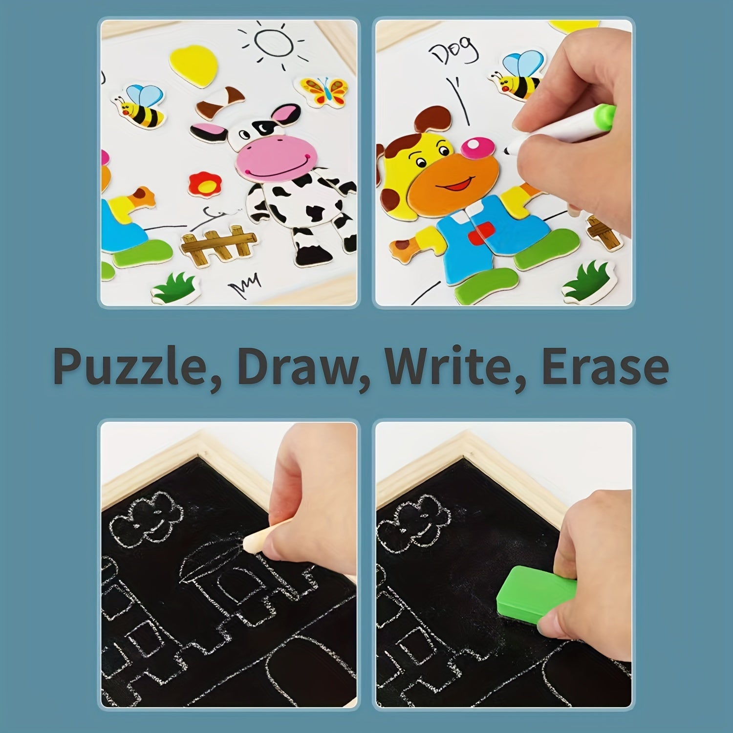 Children's Wooden Puzzle Set with Paintbrush and Chalkboard Educational Toys for Kids Age 3+
