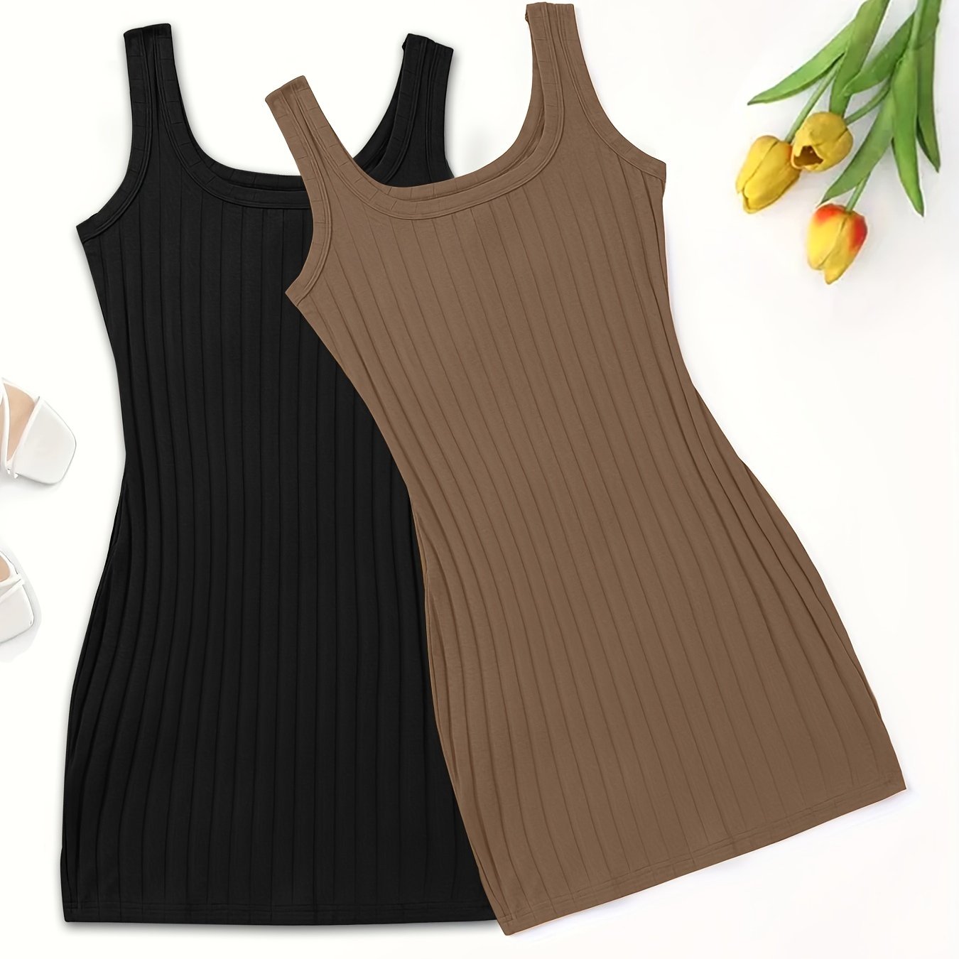 Women's Ribbed Sleep Dresses Two-Pack Black Light Blue Square Neck Stretchy Polyester Nightgowns